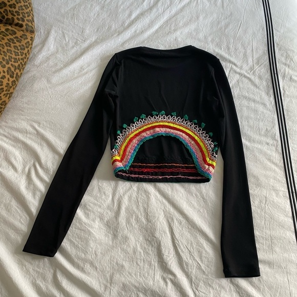 Alice & Olivia-Black Longsleeve Delania Crop Top w/ Neon Multicolor Embroidery - Picture 9 of 12